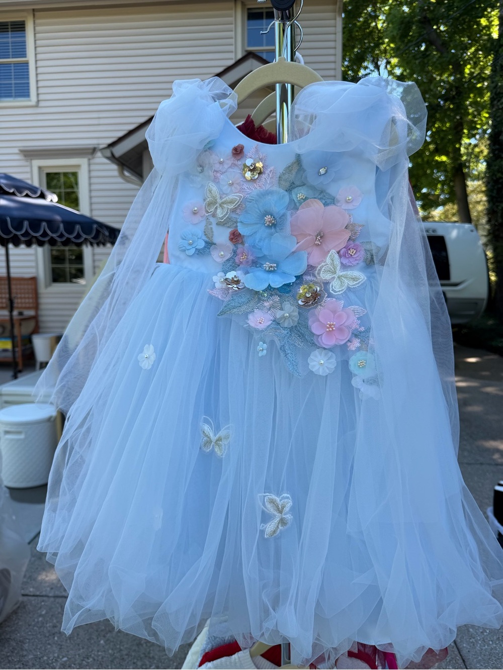 Blue Floral Tulle Party Dress for Girls